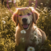A picture of a golden retriever in a meadow for a phone wallpaper.
