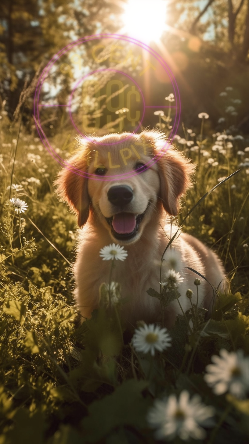 A picture of a golden retriever in a meadow for a phone wallpaper.