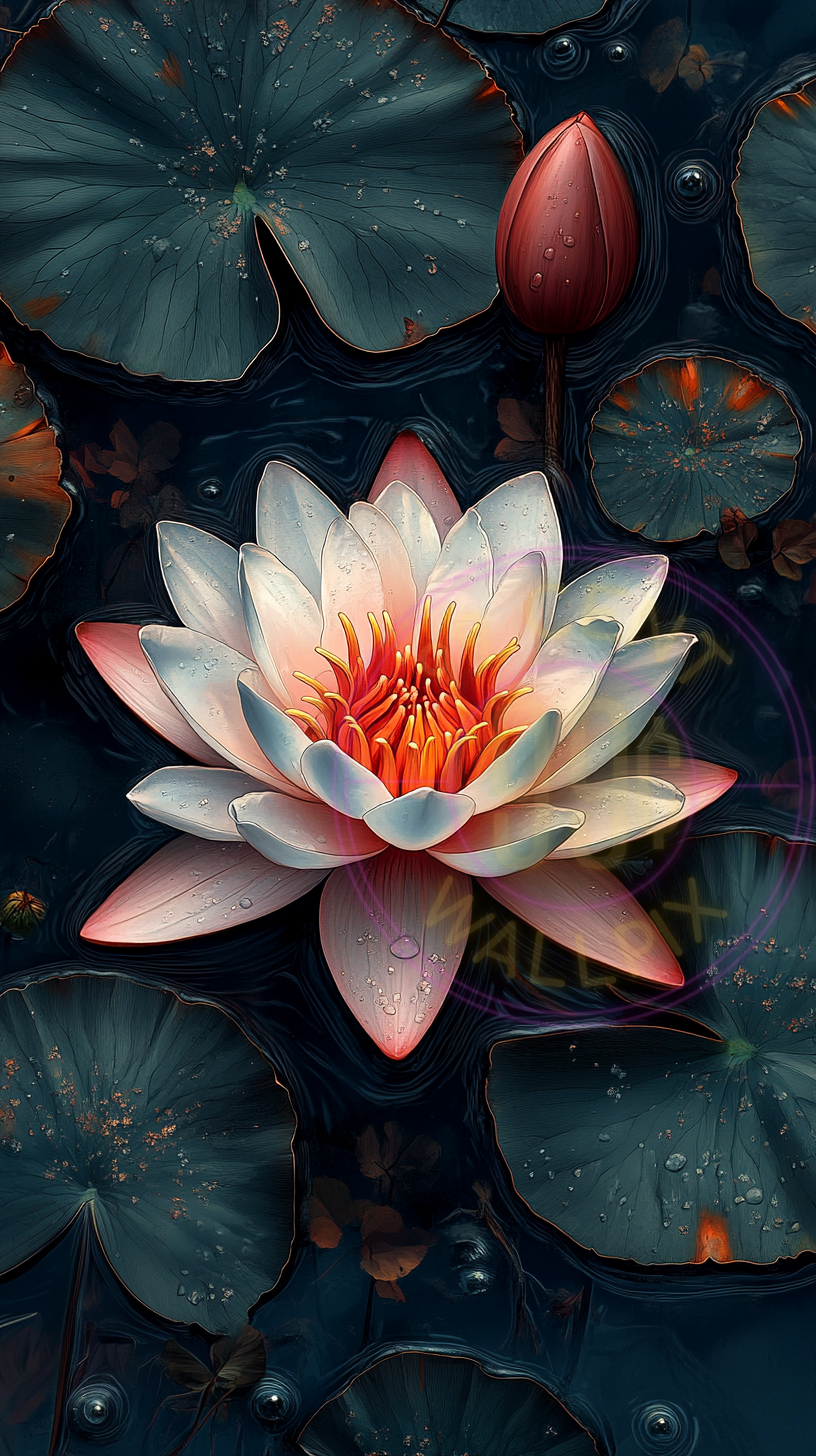 An illustration of a water lily for a phone wallpaper.