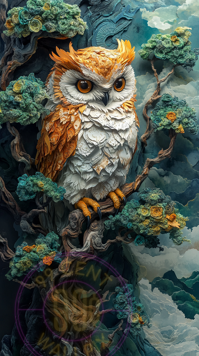 A layered paper art piece of an enchanted owl for a phone wallpaper.