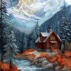 A layered paper art piece of a mountain retreat for a phone wallpaper.