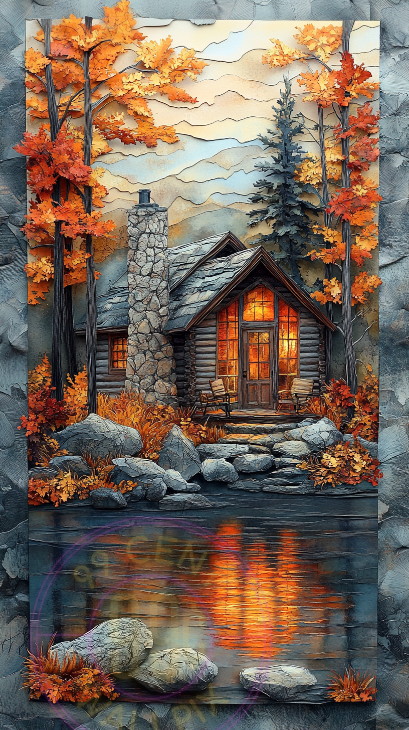 A layered paper art piece of a lakeside cabin for a phone wallpaper.