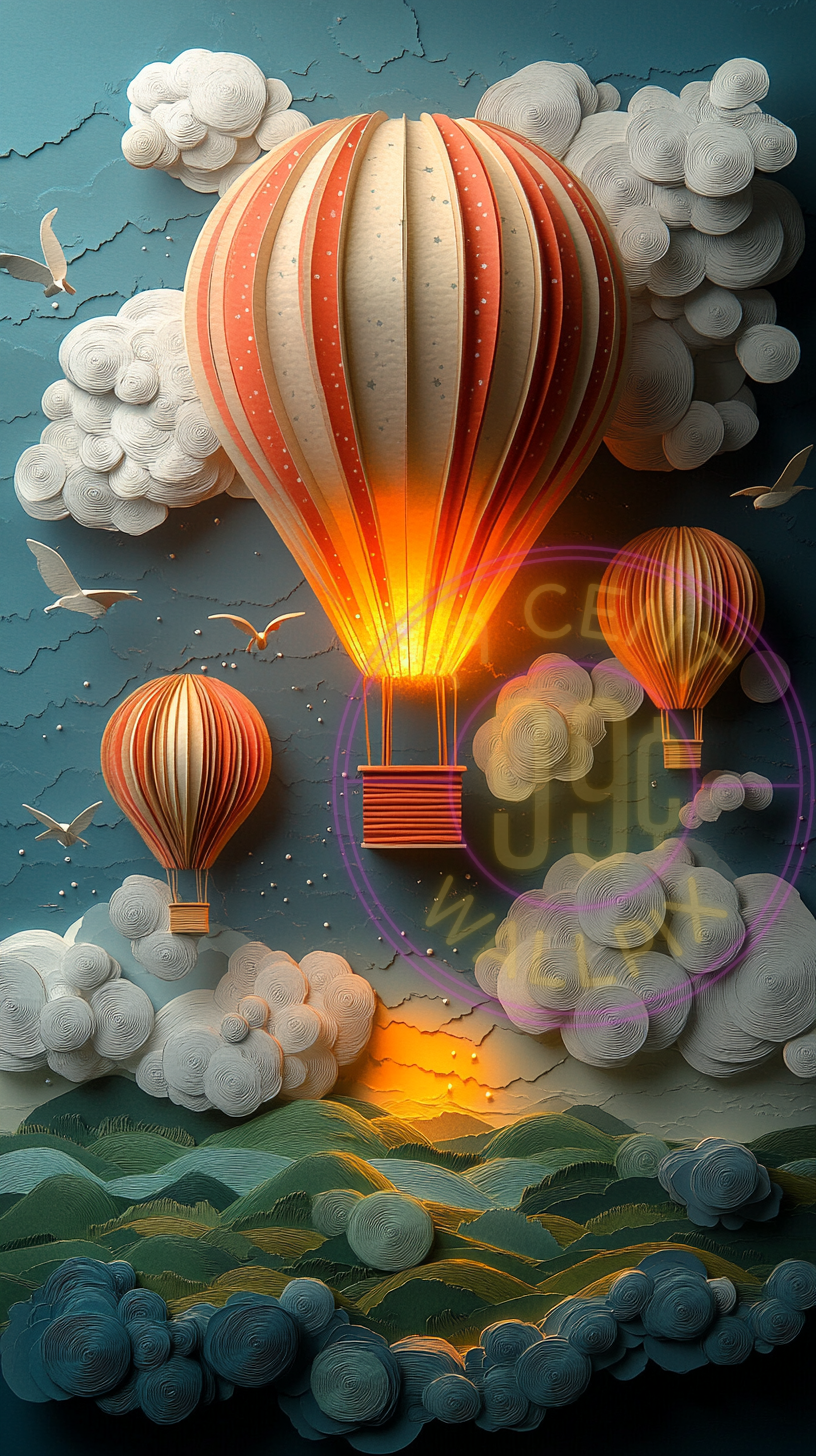 A layered paper art piece of a hot air ballon for a phone wallpaper.
