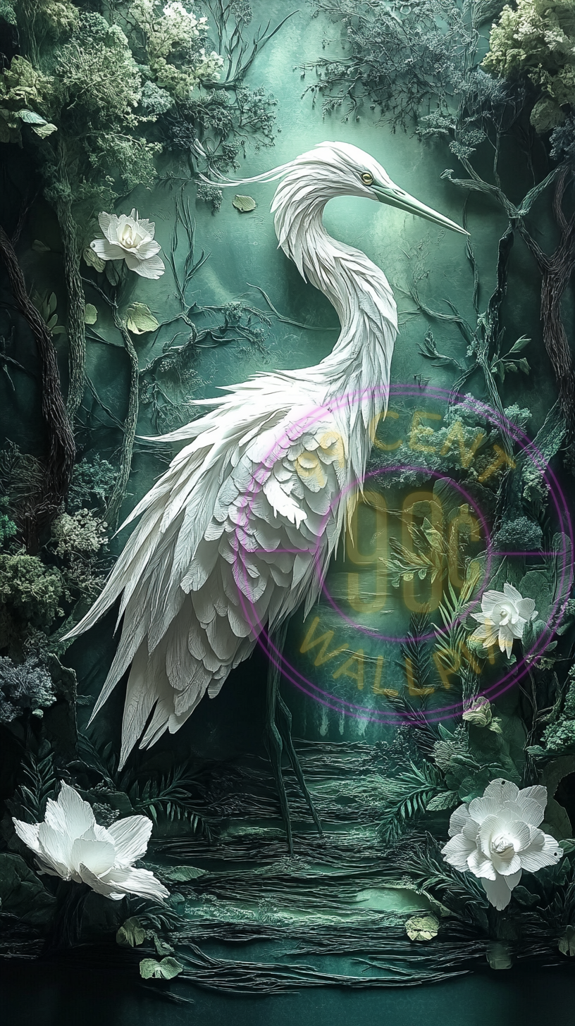 A layered paper art piece of a white crane for a phone wallpaper.