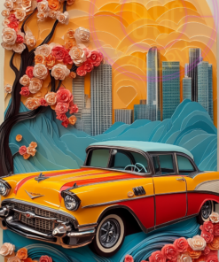 A layered paper art piece of a classic car for a phone wallpaper.