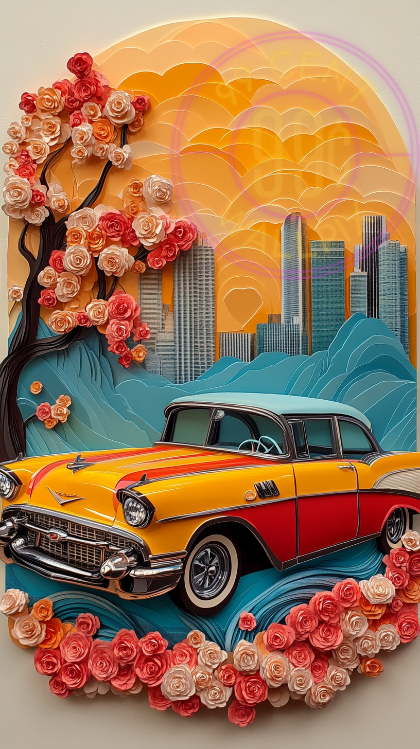 A layered paper art piece of a classic car for a phone wallpaper.
