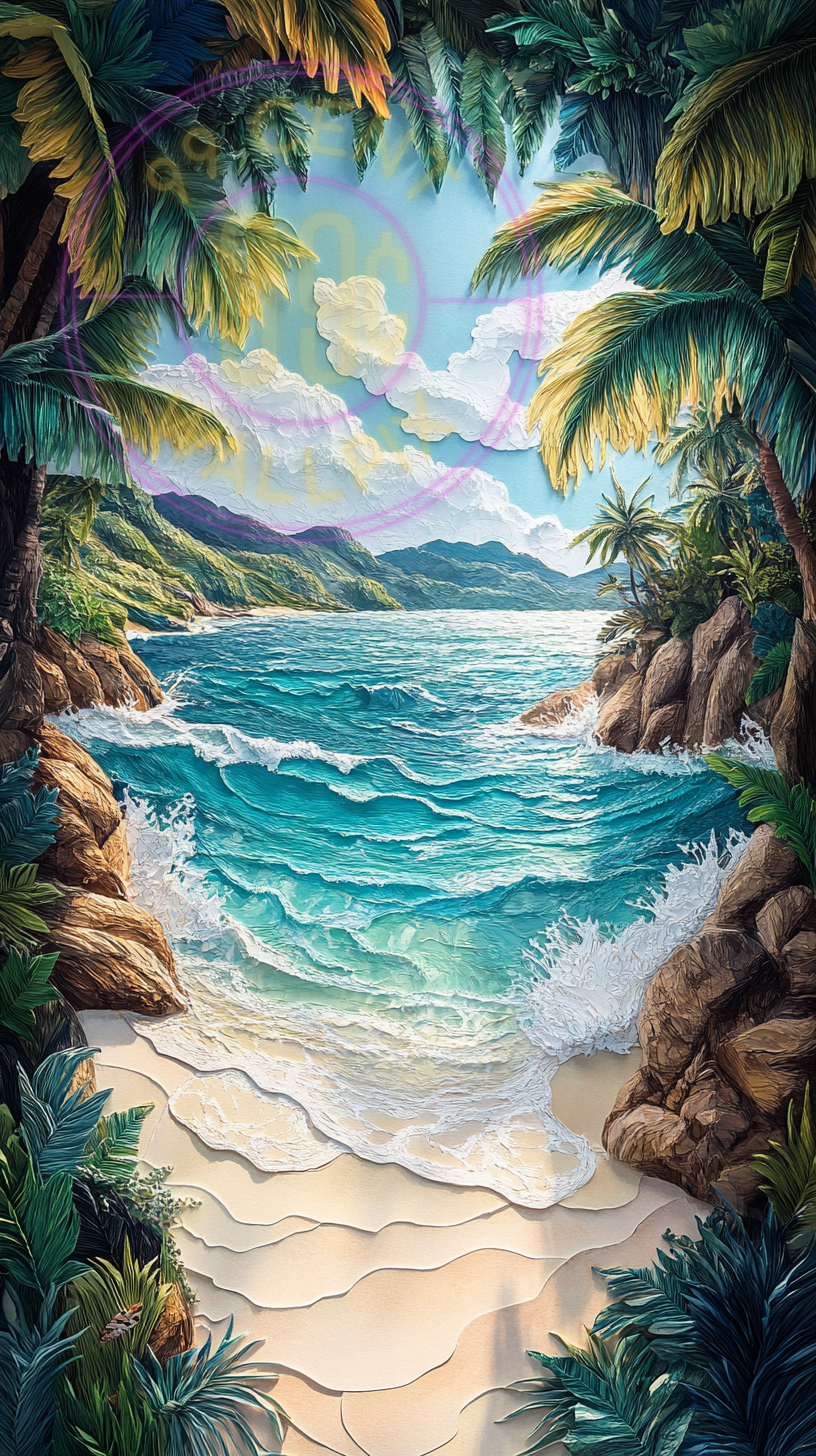 A layered paper art piece of a tropical paradise for a phone wallpaper.