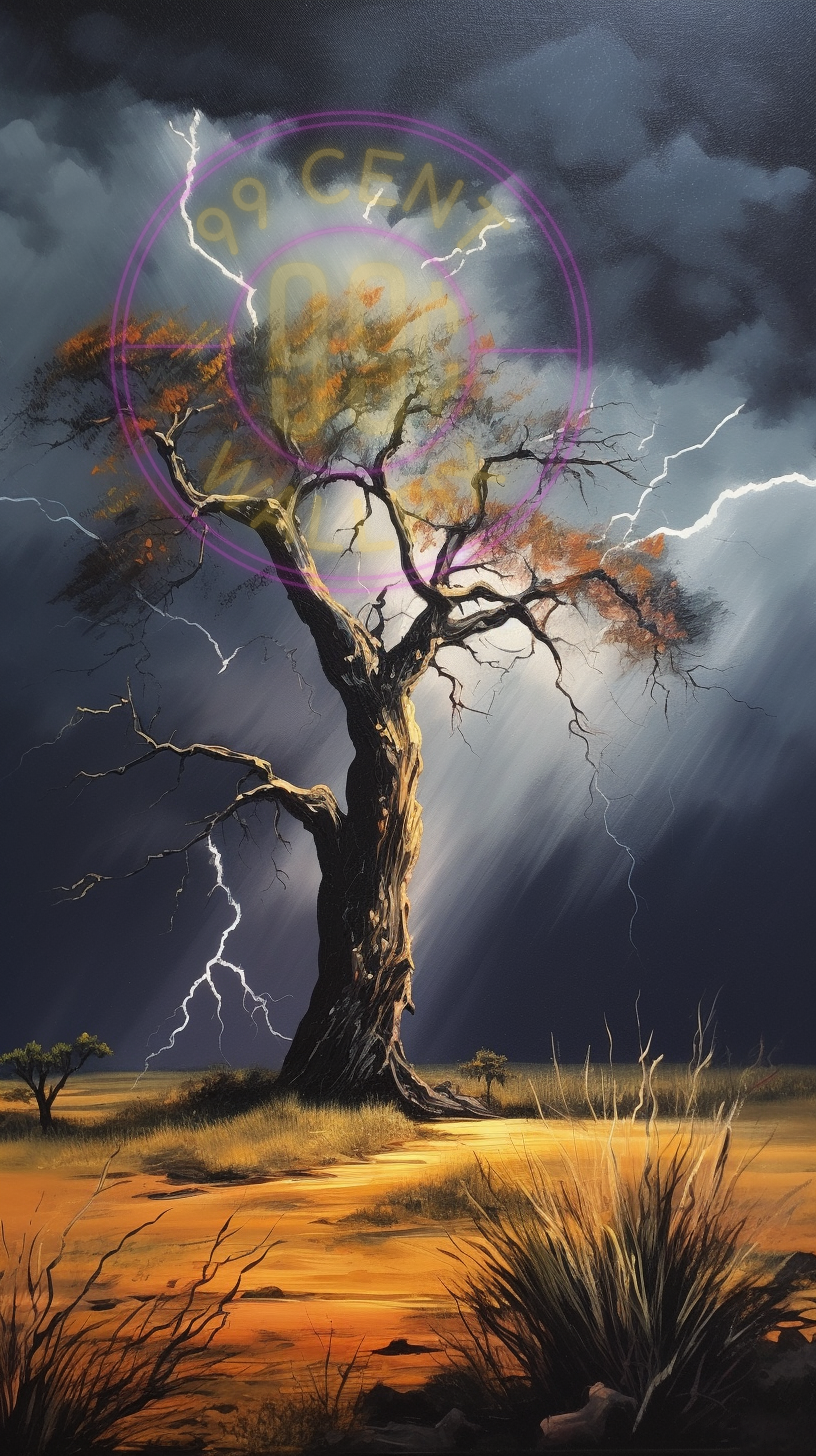 A painting of a tree in a storm for a phone wallpaper.