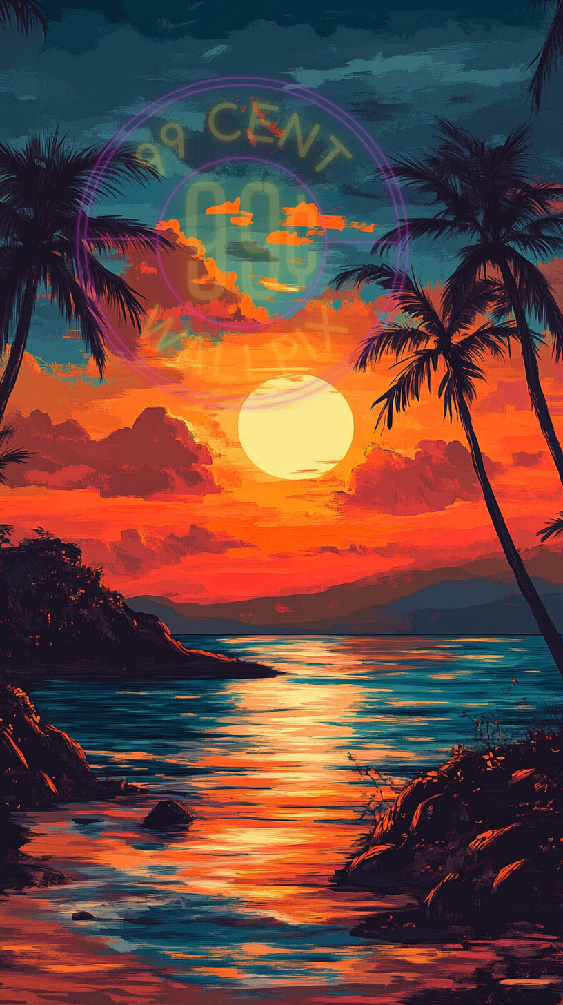 A painting of a beach at sunset for a phone wallpaper.