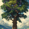 A painting of an oak tree on an island for a phone wallpaper.