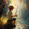 A painting of a boy fishing for a phone wallpaper.