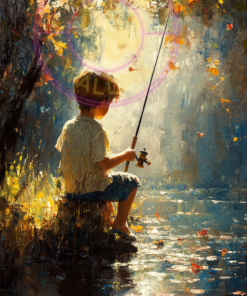 A painting of a boy fishing for a phone wallpaper.