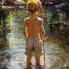 A painting of a boy at a pond for a phone wallpaper.