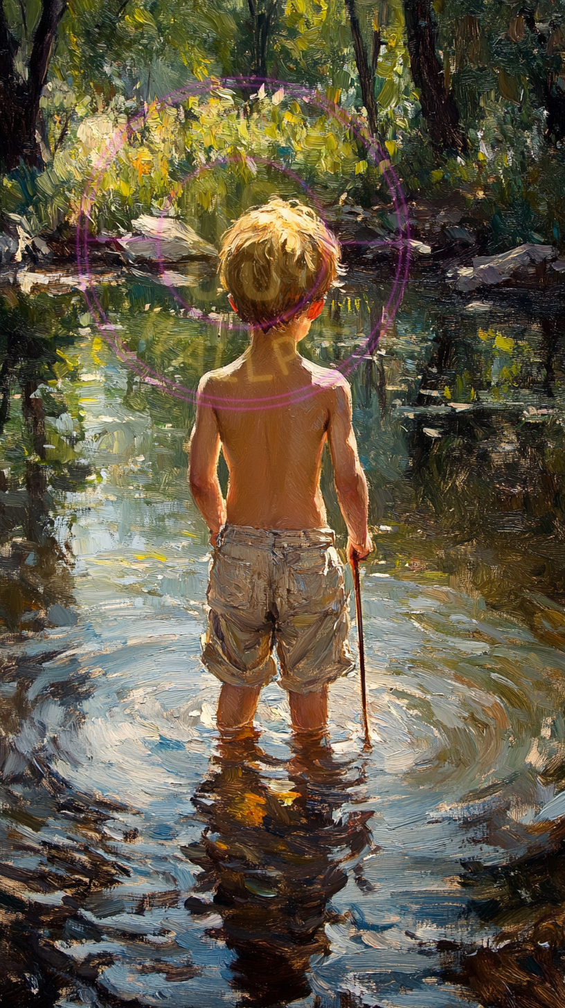A painting of a boy at a pond for a phone wallpaper.