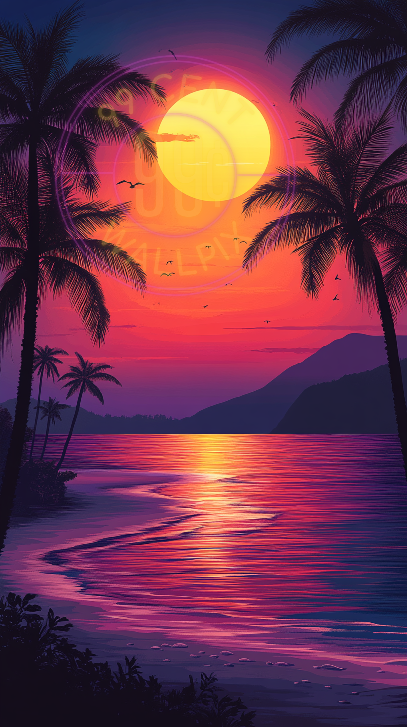 A painting of a beach at sunset for a phone wallpaper.