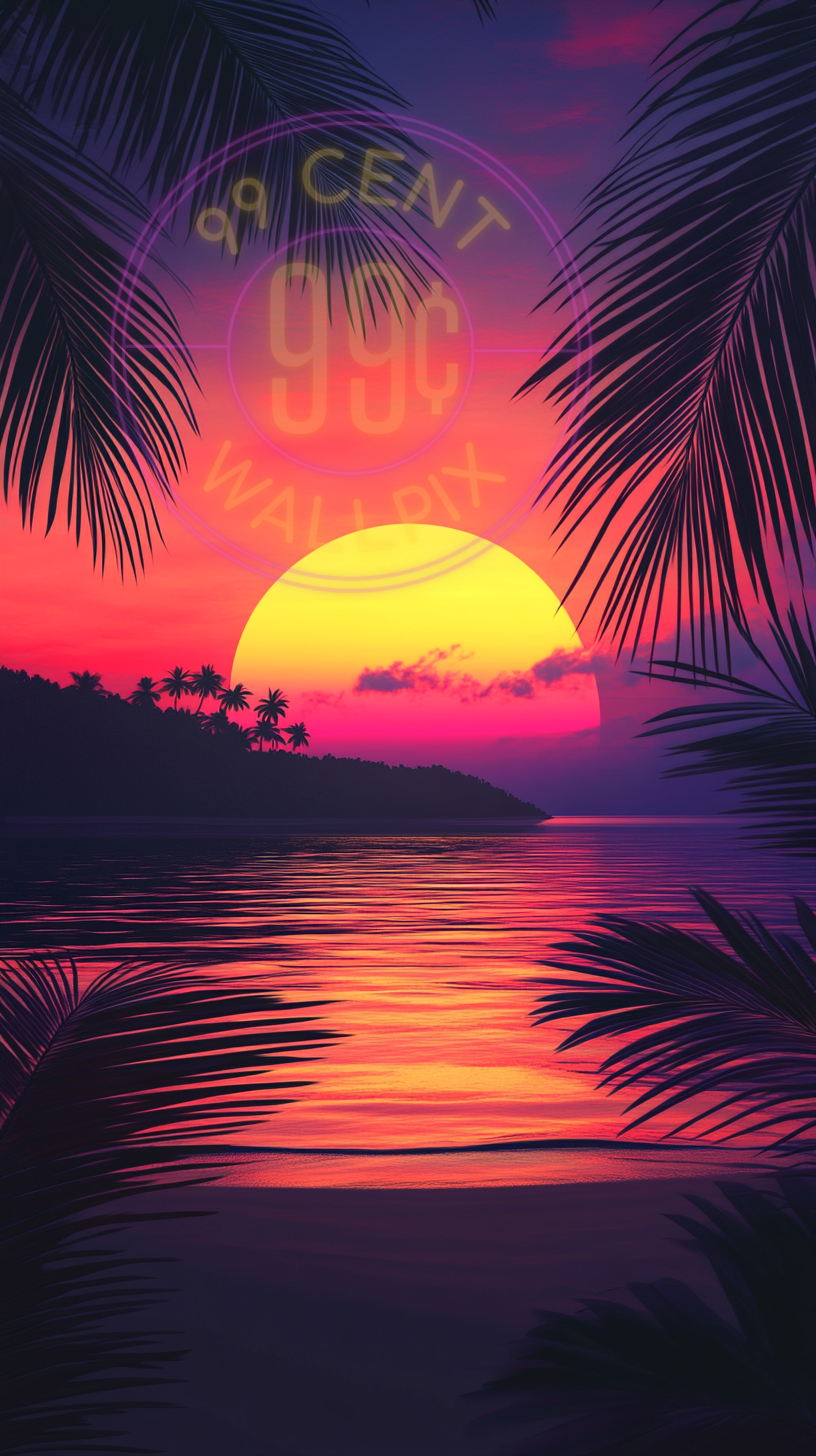 A painting of a beach at sunset for a phone wallpaper.