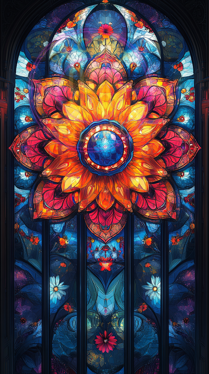 A stained-glass art piece example of a kaleidoscope for a phone wallpaper.