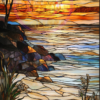 A stained-glass art piece of a sandy beach for a phone wallpaper.