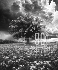Black and white image of a tree and wildflowers with a distant storm lurking for a phone wallpaper