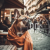 A painting of a French Bulldog sitting at a cafe for a phone wallpaper