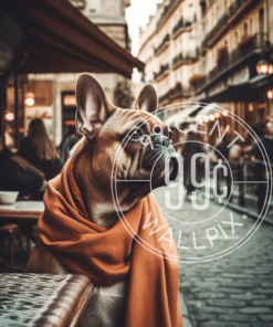 A painting of a French Bulldog sitting at a cafe for a phone wallpaper