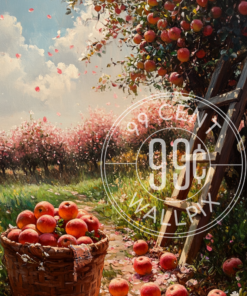 A painting of an apple orchard for a phone wallpaper