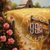 A painting of a golden field of wheat with a barn in the background for a phone wallpaper
