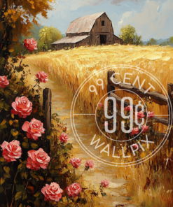 A painting of a golden field of wheat with a barn in the background for a phone wallpaper