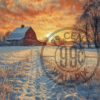 Painting of a sunrise behind a barn in the winter for a phone wallpaper