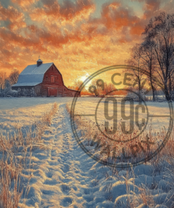 Painting of a sunrise behind a barn in the winter for a phone wallpaper
