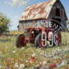 A painting of a tractor in front of a barn for a phone wallpaper