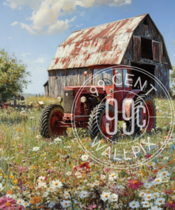 A painting of a tractor in front of a barn for a phone wallpaper