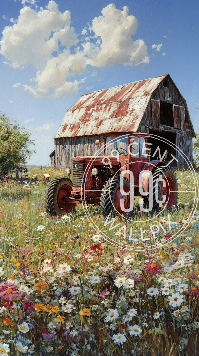 A painting of a tractor in front of a barn for a phone wallpaper