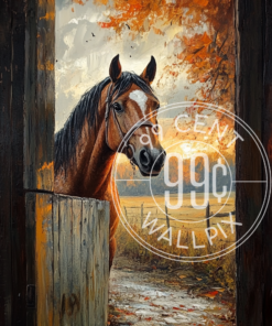 A painting of a horse at the entrance of a barn with the sun rising in the background for a phone wallpaper