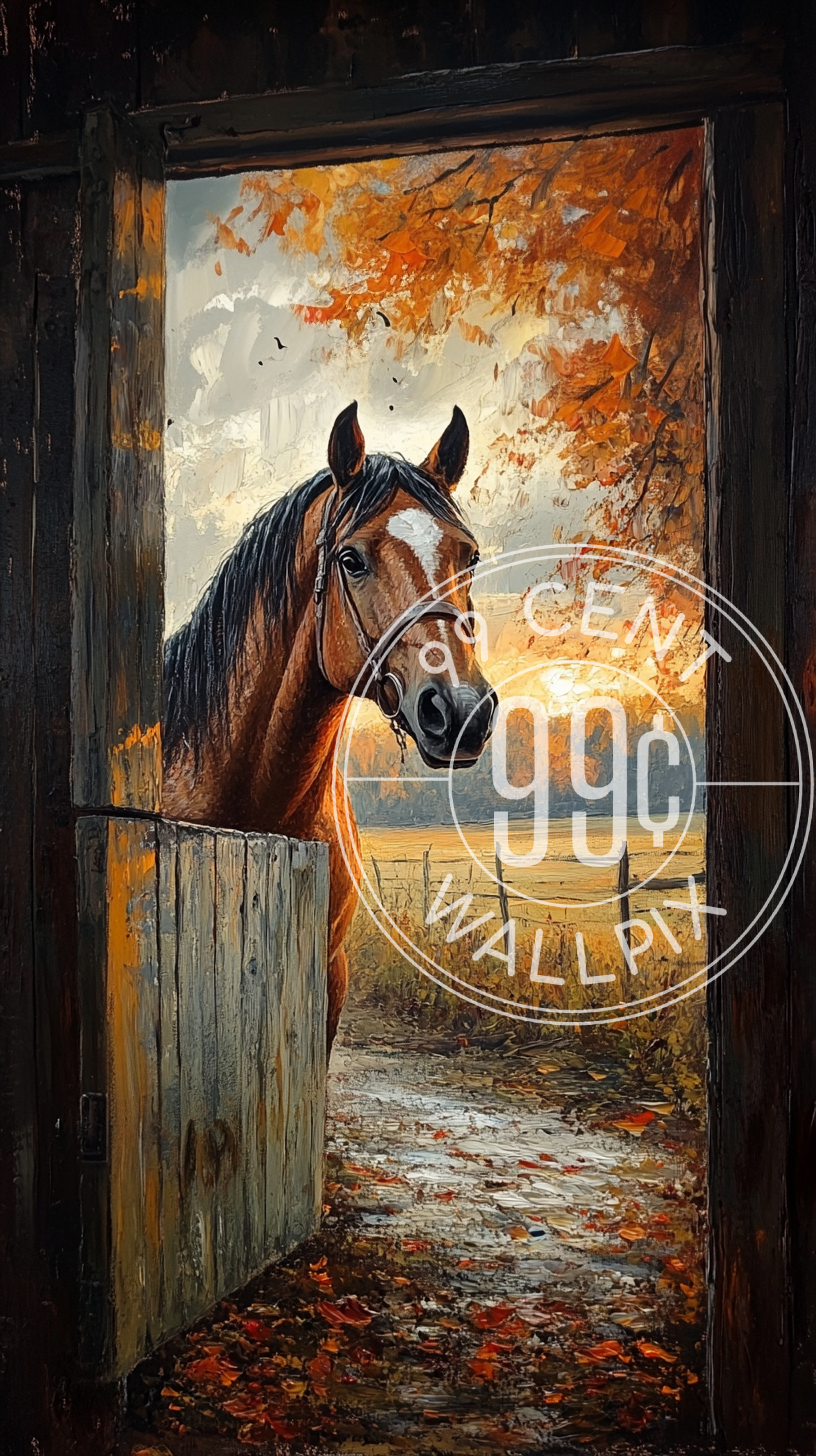 A painting of a horse at the entrance of a barn with the sun rising in the background for a phone wallpaper