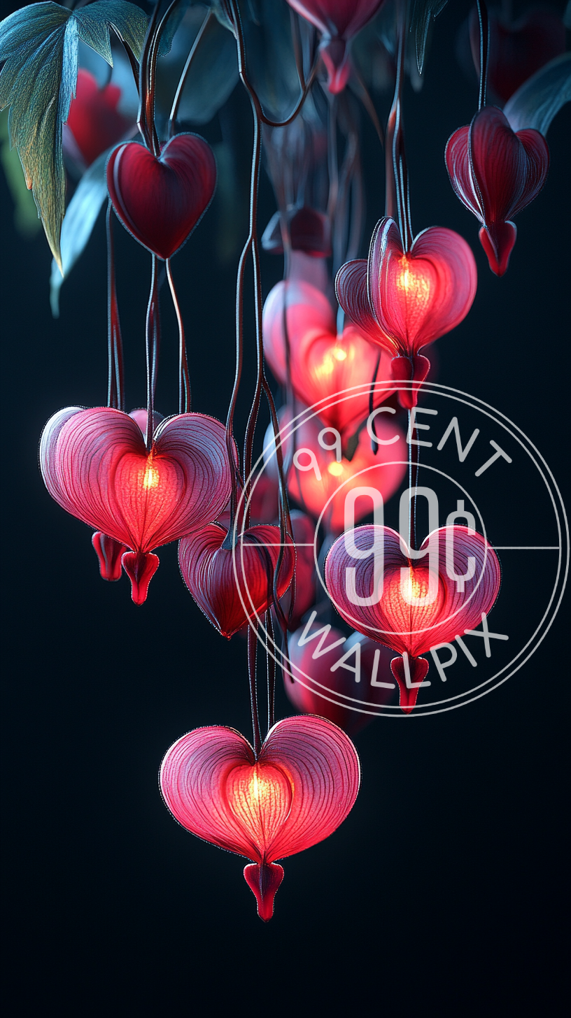 An image of bleeding hearts against a black background for a phone wallpaper.