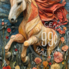 A mixed media collage of a horse galloping through some wildflowers for a phone wallpaper