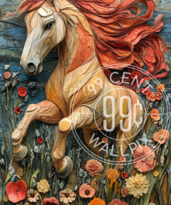 A mixed media collage of a horse galloping through some wildflowers for a phone wallpaper