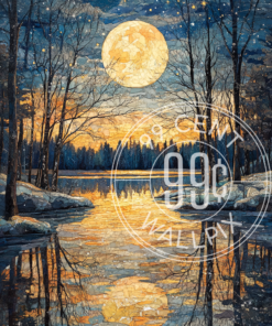 A mixed media artwork of a moonlit lake for a phone wallpaper