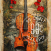 A mixed media artwork of a violin, with musical notes and flower petals for a phone wallpaper