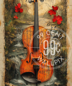 A mixed media artwork of a violin, with musical notes and flower petals for a phone wallpaper