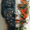 A mixed media collage of a face where one half is composed of mechanical gears and circuits, and the other half is made of leaves, flowers, and natural elements, representing the balance between technology and nature for a phone wallpaper