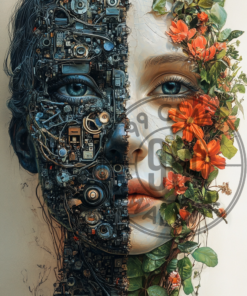A mixed media collage of a face where one half is composed of mechanical gears and circuits, and the other half is made of leaves, flowers, and natural elements, representing the balance between technology and nature for a phone wallpaper