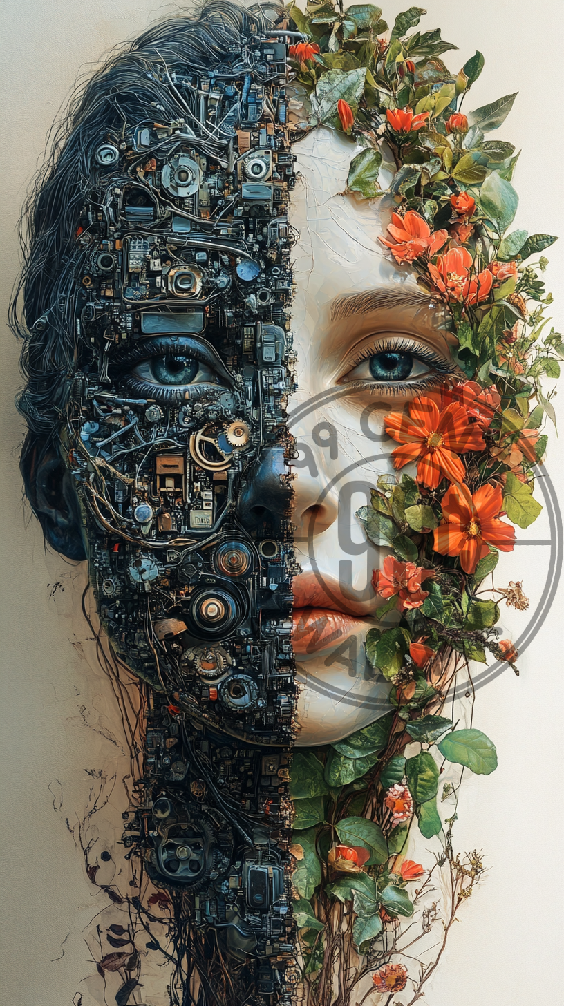A mixed media collage of a face where one half is composed of mechanical gears and circuits, and the other half is made of leaves, flowers, and natural elements, representing the balance between technology and nature for a phone wallpaper