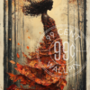 A mixed media artwork of a woman whose dress is made up of autumn leaves for a phone wallpaper