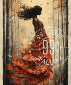 A mixed media artwork of a woman whose dress is made up of autumn leaves for a phone wallpaper