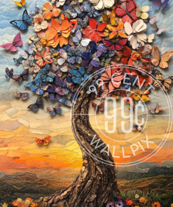 A mixed media collage of a tree of butterflies for a phone wallpaper