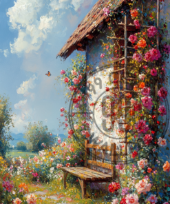 A painting of a garden in full bloom for a phone wallpaper.