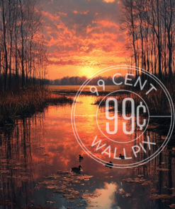A painting of a peaceful pond at sunset for a phone wallpaper.