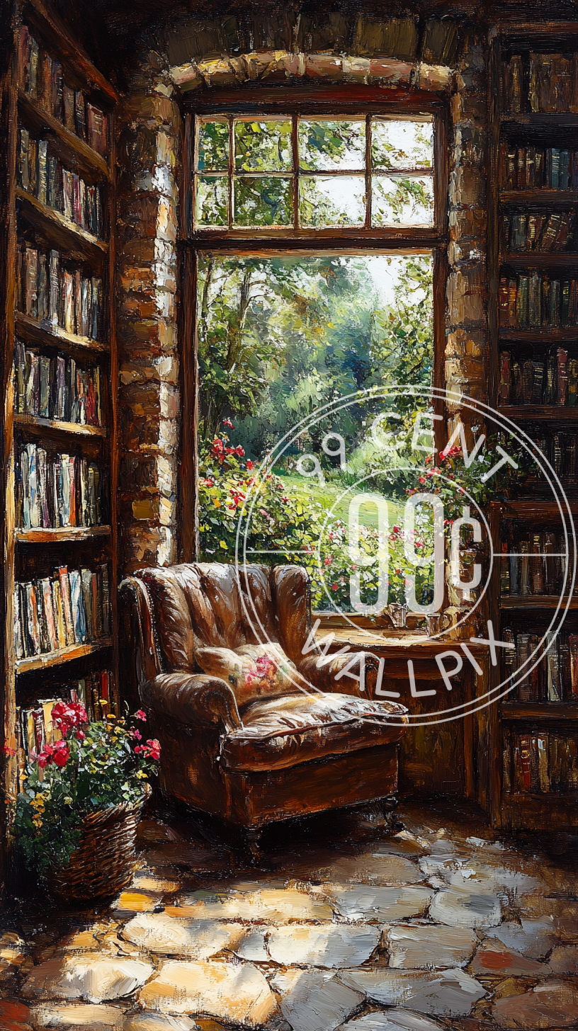 A painting of a cozy reading nook for a phone wallpaper.